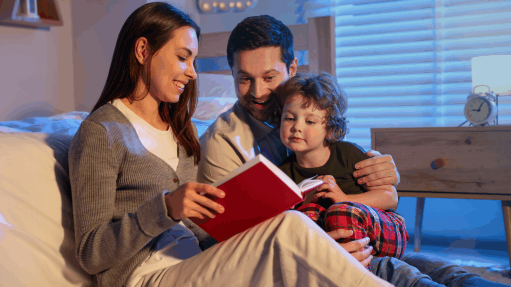 parents-reading-child-bedtime-story-for-sleep-schedule