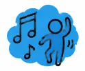 Blue icon of a dancing figure surrounded by music notes, representing music and movement activities.