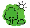 Green icon of trees under a sun and cloud, representing outdoor time and nature play.