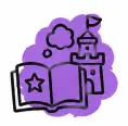 Purple line icon of an open book with a castle and star rising from its pages, representing storytime.